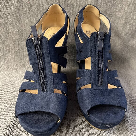 Ashley A Women’s Size 8 Strappy Open Toe Platform Wedges Navy - Picture 2 of 6